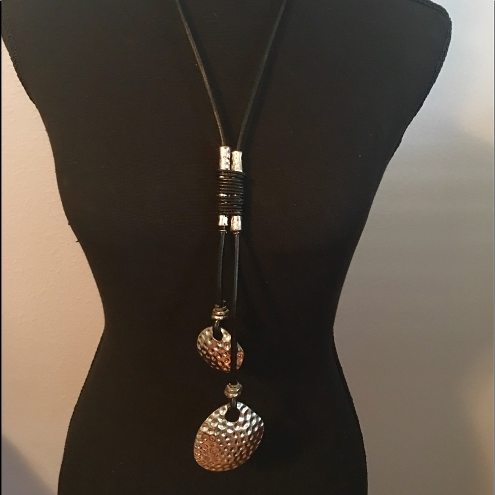 Pebbled Silver & Black Leather Statement Necklace